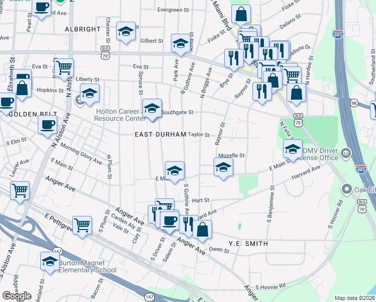map of restaurants, bars, coffee shops, grocery stores, and more near 304 North Guthrie Avenue in Durham