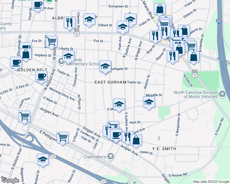 map of restaurants, bars, coffee shops, grocery stores, and more near 212 North Driver Street in Durham