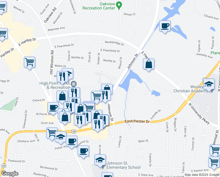 map of restaurants, bars, coffee shops, grocery stores, and more near 244 Northpoint Avenue in High Point