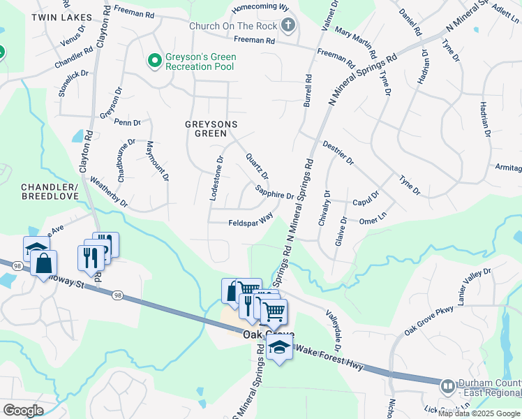 map of restaurants, bars, coffee shops, grocery stores, and more near 410 Quartz Drive in Durham