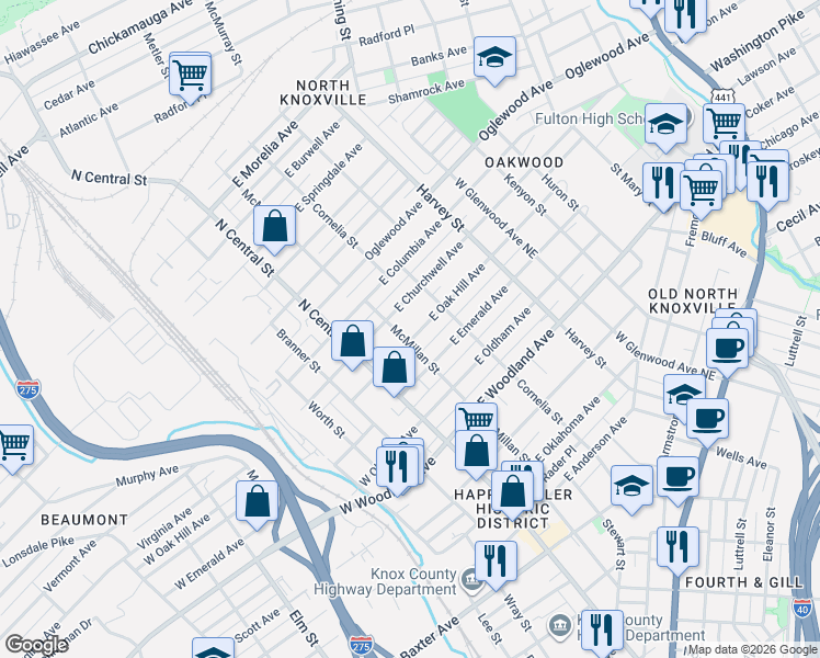 map of restaurants, bars, coffee shops, grocery stores, and more near 232 East Churchwell Avenue in Knoxville
