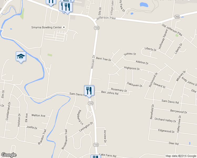 map of restaurants, bars, coffee shops, grocery stores, and more near 535 Nissan Drive in Smyrna