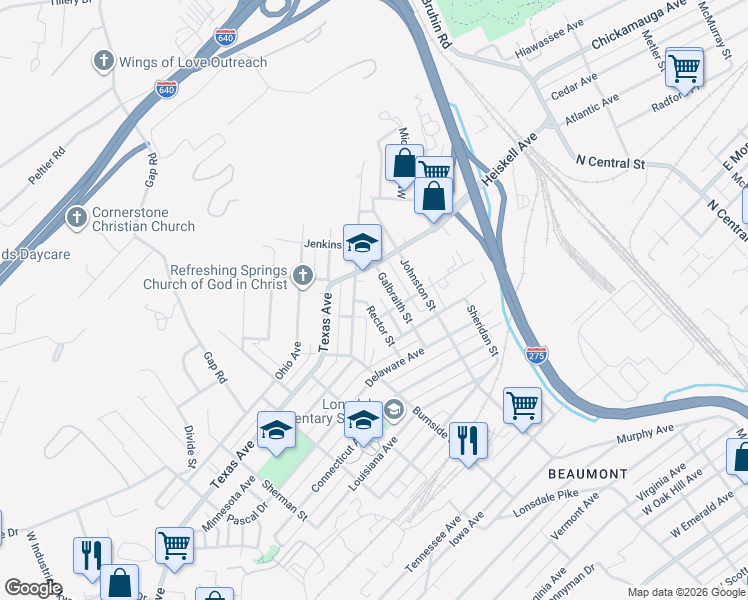 map of restaurants, bars, coffee shops, grocery stores, and more near 1112 Minnesota Avenue in Knoxville