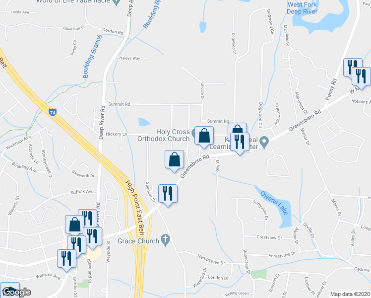 map of restaurants, bars, coffee shops, grocery stores, and more near 639 Sterling Avenue in High Point