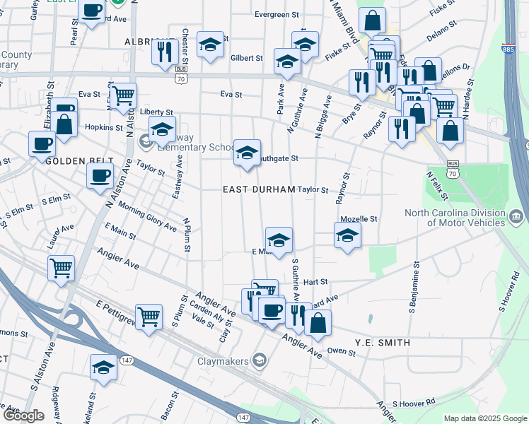 map of restaurants, bars, coffee shops, grocery stores, and more near 212 North Driver Street in Durham