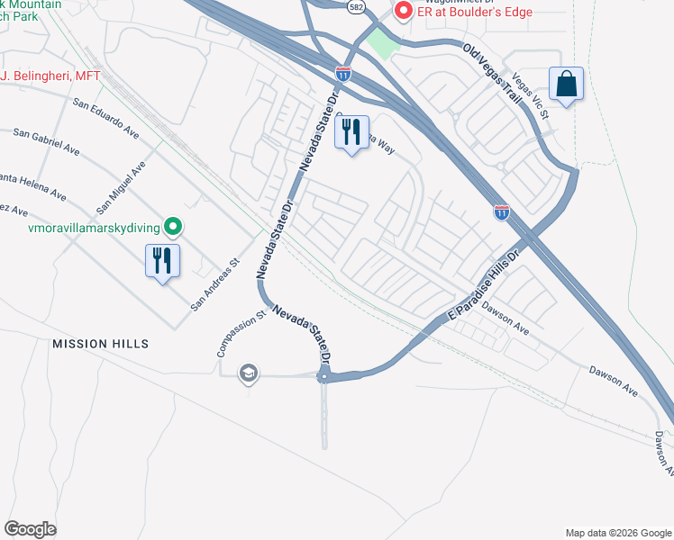 map of restaurants, bars, coffee shops, grocery stores, and more near 1151 Paradise Vista Drive in Henderson