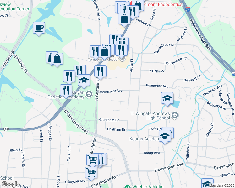 map of restaurants, bars, coffee shops, grocery stores, and more near 1520 Beaucrest Avenue in High Point