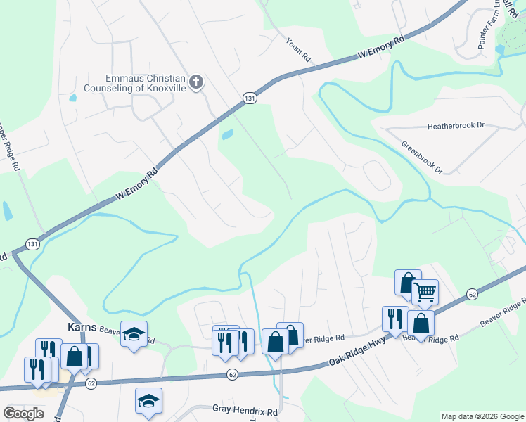 map of restaurants, bars, coffee shops, grocery stores, and more near 6930 Westerly Winds Road in Knoxville