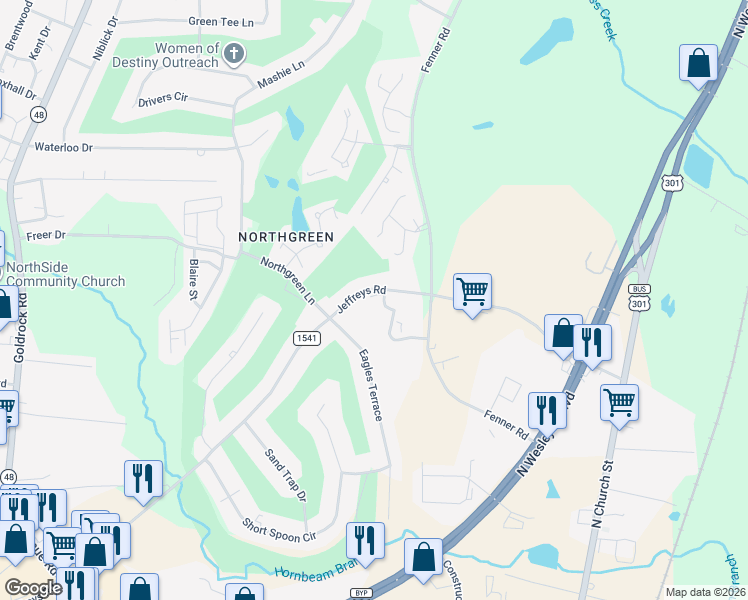 map of restaurants, bars, coffee shops, grocery stores, and more near 651-735 Jeffreys Road in Rocky Mount