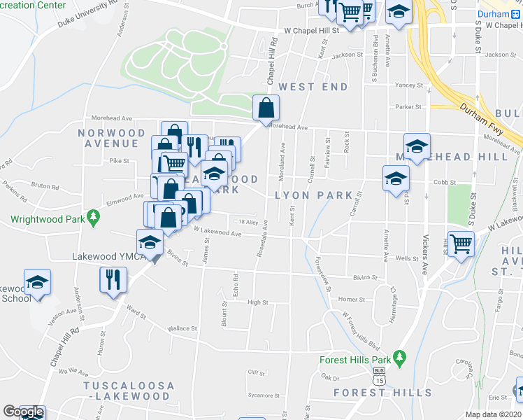 map of restaurants, bars, coffee shops, grocery stores, and more near 1206 Rosedale Avenue in Durham