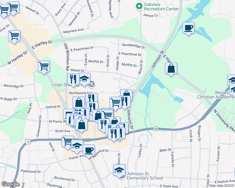 map of restaurants, bars, coffee shops, grocery stores, and more near 236 Northpoint Avenue in High Point