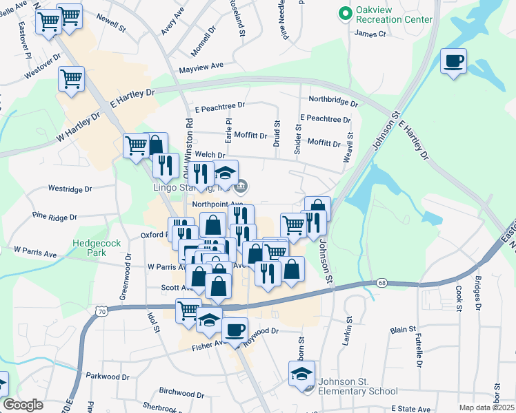 map of restaurants, bars, coffee shops, grocery stores, and more near 208 Northpoint Avenue in High Point