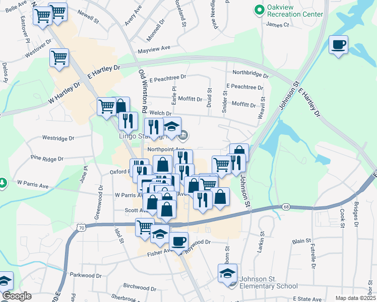 map of restaurants, bars, coffee shops, grocery stores, and more near 208 Northpoint Avenue in High Point