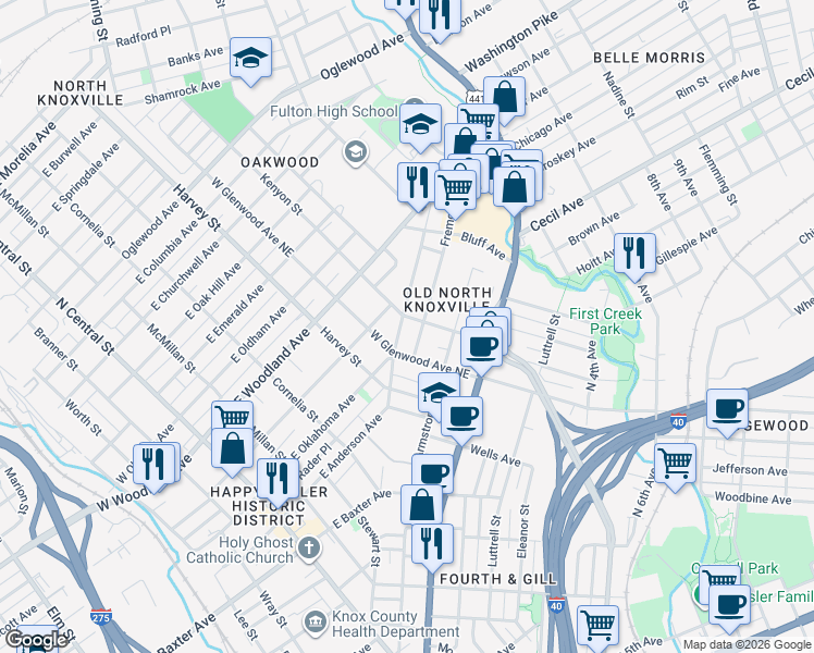 map of restaurants, bars, coffee shops, grocery stores, and more near 716 East Scott Avenue in Knoxville