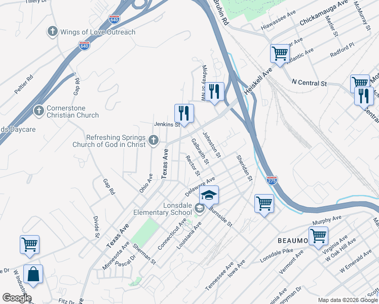 map of restaurants, bars, coffee shops, grocery stores, and more near 1112 Minnesota Avenue in Knoxville