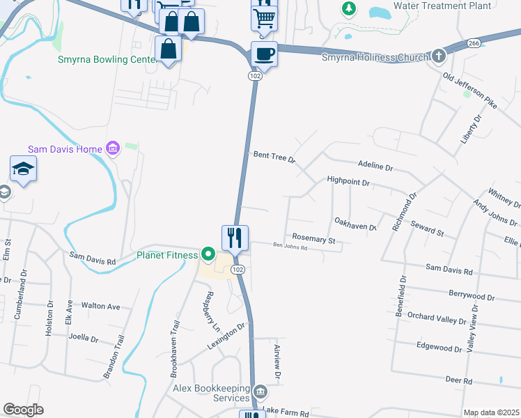 map of restaurants, bars, coffee shops, grocery stores, and more near 535 Nissan Drive in Smyrna