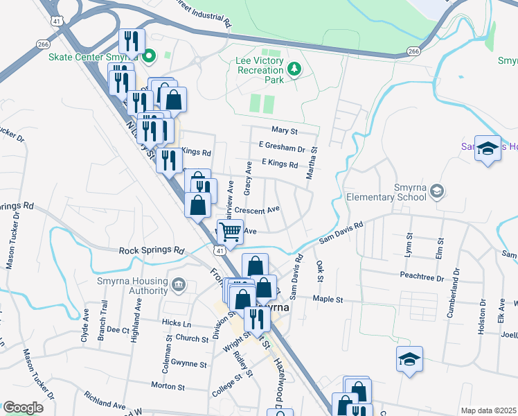 map of restaurants, bars, coffee shops, grocery stores, and more near 303 Gracy Avenue in Smyrna