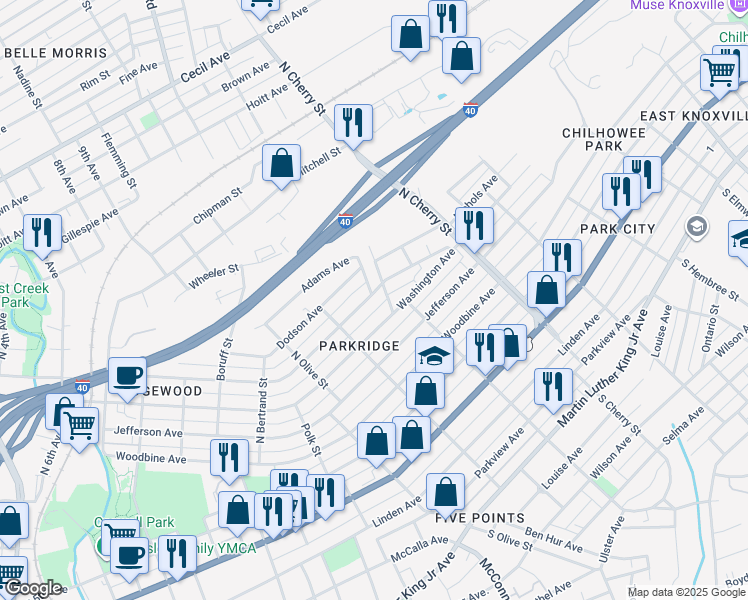 map of restaurants, bars, coffee shops, grocery stores, and more near 2424 East Glenwood Avenue in Knoxville
