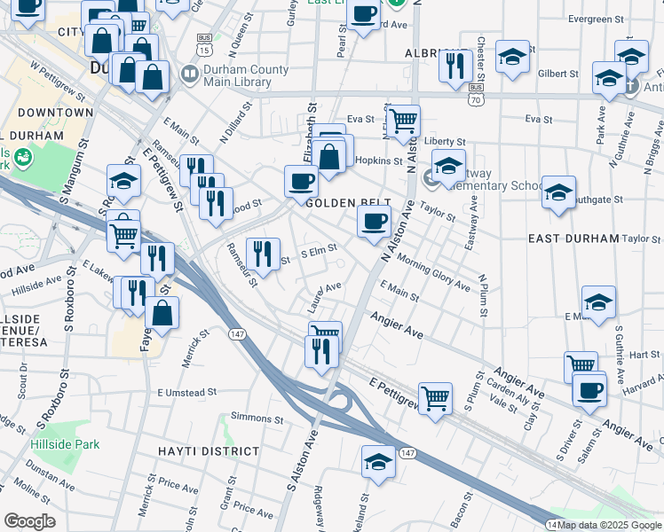map of restaurants, bars, coffee shops, grocery stores, and more near 9 Edgemont Lane in Durham