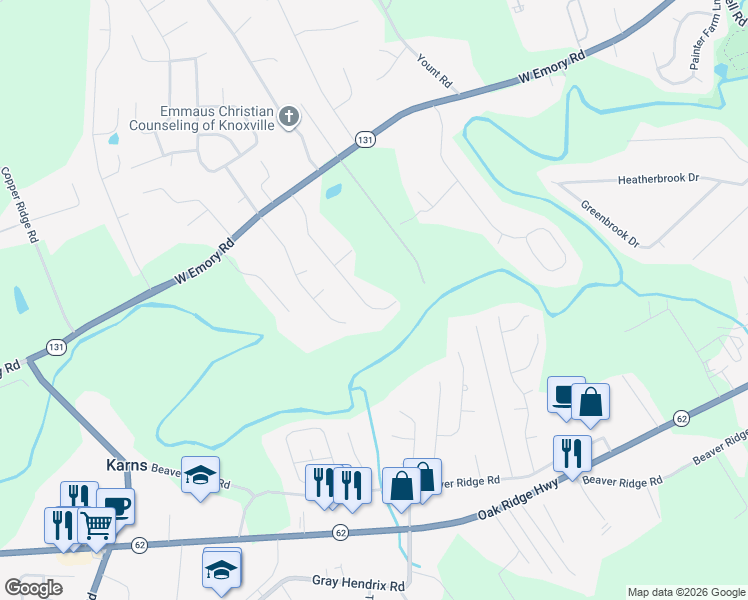 map of restaurants, bars, coffee shops, grocery stores, and more near 6930 Westerly Winds Road in Knoxville