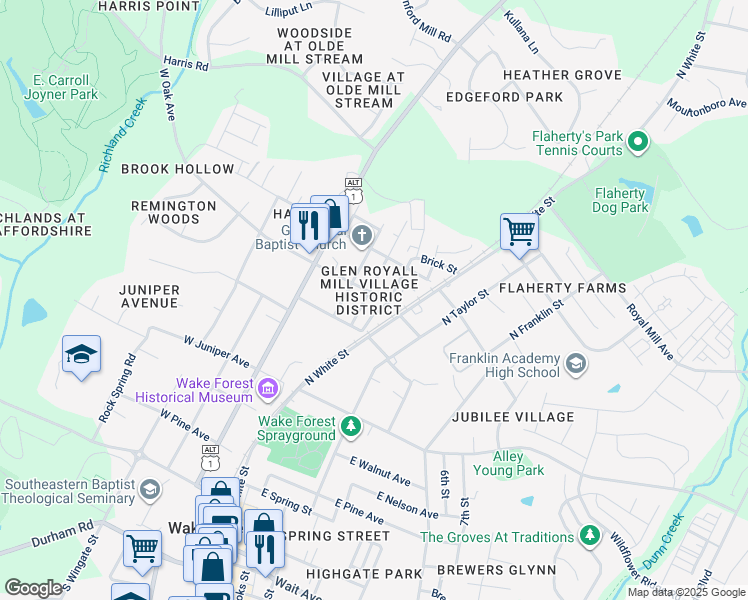 map of restaurants, bars, coffee shops, grocery stores, and more near 633 Brewer Avenue in Wake Forest