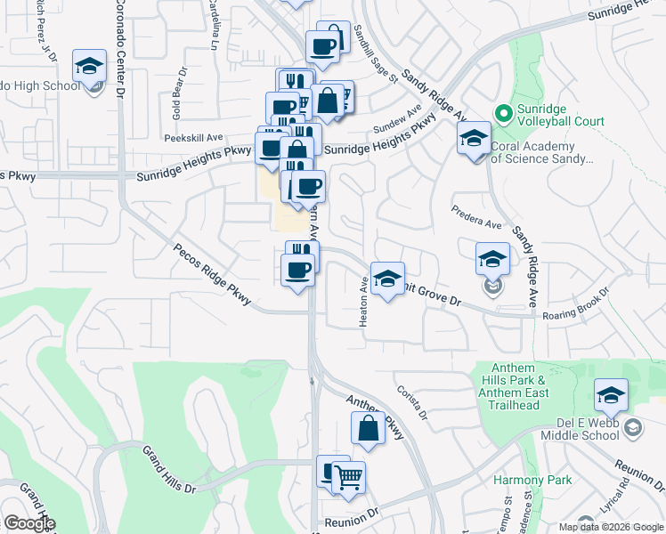 map of restaurants, bars, coffee shops, grocery stores, and more near 1104 Winter Storm Drive in Henderson