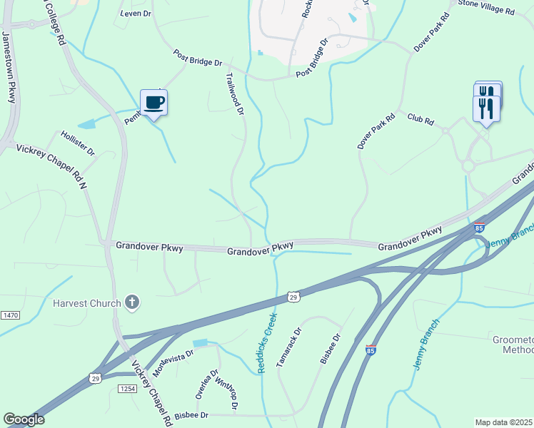 map of restaurants, bars, coffee shops, grocery stores, and more near 4901 Woodcroft Circle in Greensboro