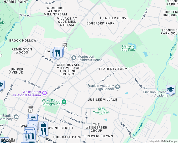 map of restaurants, bars, coffee shops, grocery stores, and more near 321 East Perry Avenue in Wake Forest