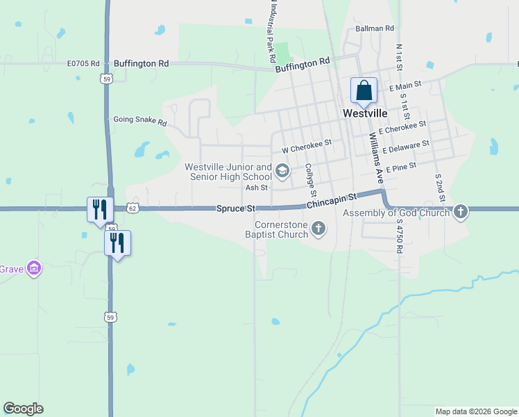 map of restaurants, bars, coffee shops, grocery stores, and more near U.S. Highway 62 in Westville