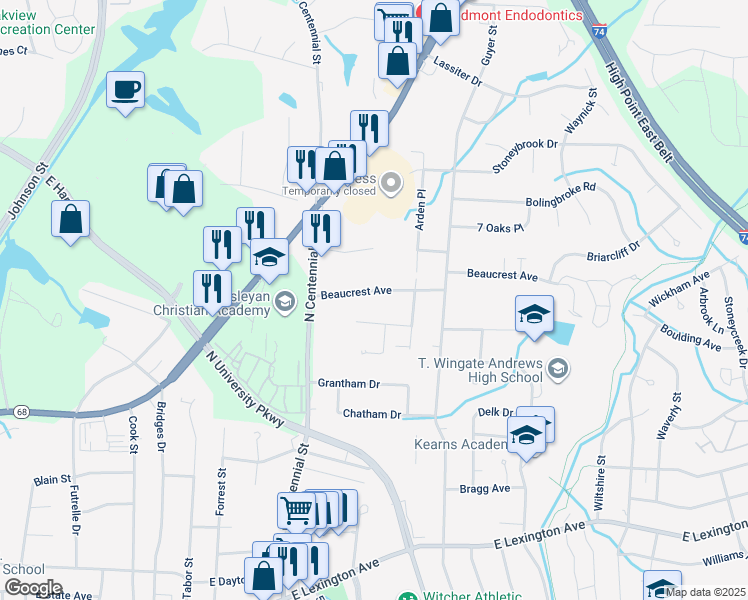 map of restaurants, bars, coffee shops, grocery stores, and more near 1520 Beaucrest Avenue in High Point