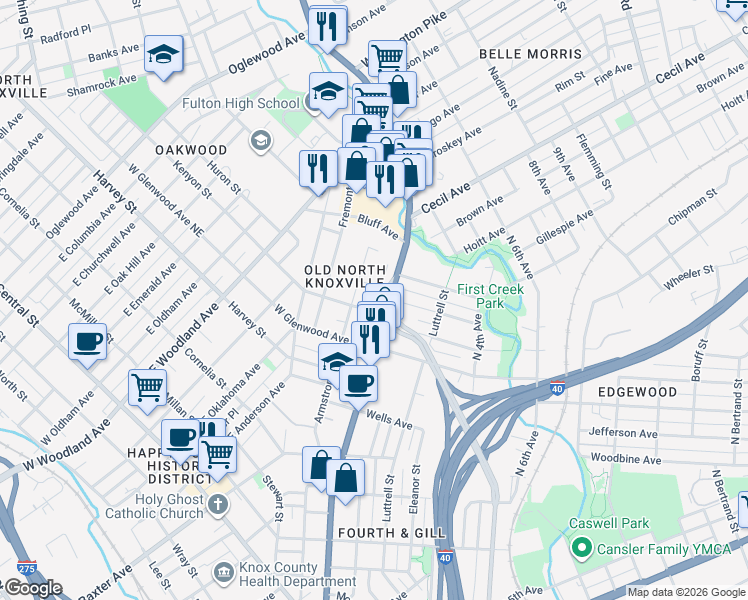 map of restaurants, bars, coffee shops, grocery stores, and more near 1006 Kenyon Street in Knoxville