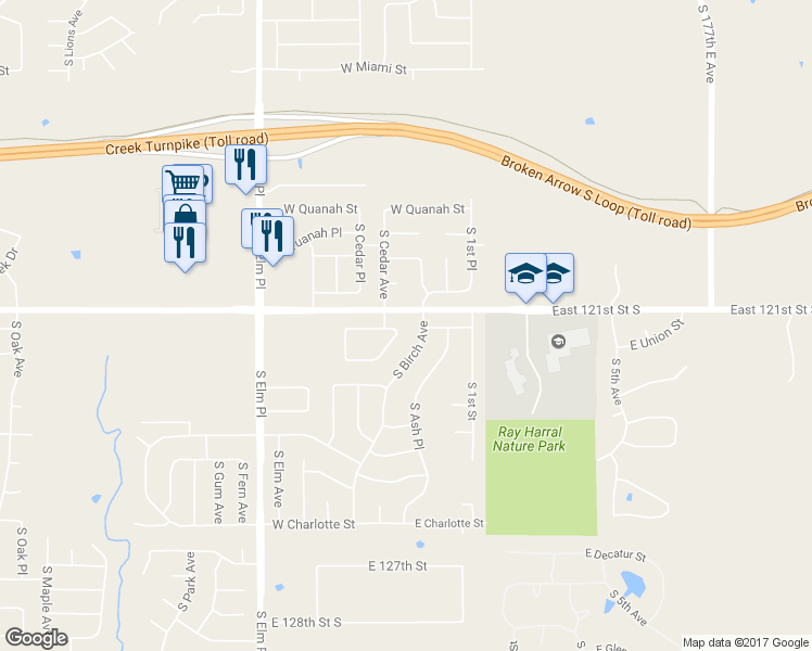 map of restaurants, bars, coffee shops, grocery stores, and more near 6601 S Cedar Ave in Broken Arrow