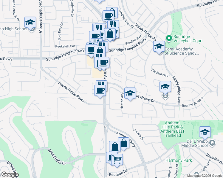map of restaurants, bars, coffee shops, grocery stores, and more near 1104 Winter Storm Drive in Henderson
