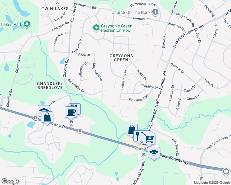 map of restaurants, bars, coffee shops, grocery stores, and more near 17 Olivene Drive in Durham