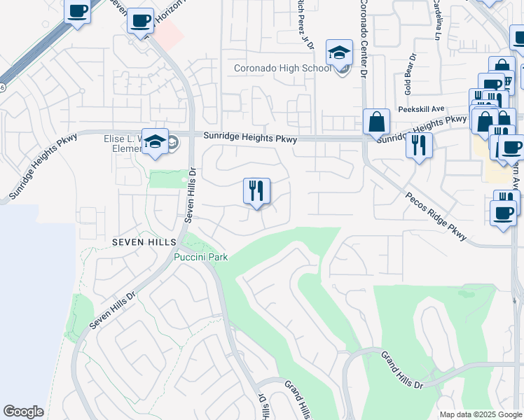 map of restaurants, bars, coffee shops, grocery stores, and more near 2975 Via Della Amore in Henderson