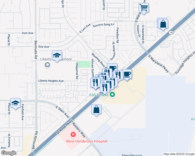 map of restaurants, bars, coffee shops, grocery stores, and more near 11098 Arcadia Sunrise Drive in Henderson