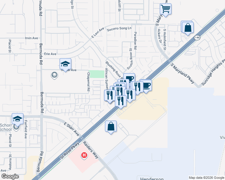 map of restaurants, bars, coffee shops, grocery stores, and more near 11098 Arcadia Sunrise Drive in Henderson