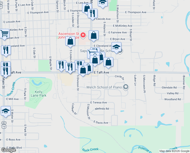 map of restaurants, bars, coffee shops, grocery stores, and more near 1200 East Taft Avenue in Sapulpa