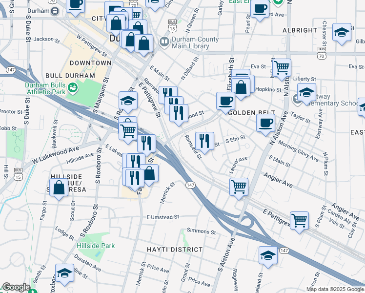 map of restaurants, bars, coffee shops, grocery stores, and more near 806 Ramseur St in Durham