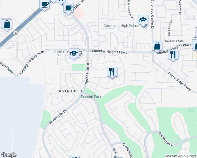 map of restaurants, bars, coffee shops, grocery stores, and more near 1121 Vía Suzan in Henderson
