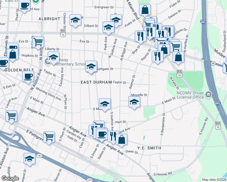 map of restaurants, bars, coffee shops, grocery stores, and more near 304 North Guthrie Avenue in Durham