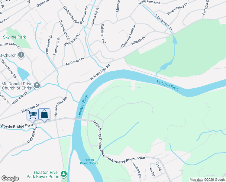map of restaurants, bars, coffee shops, grocery stores, and more near 1804 River Shores Drive Southeast in Knoxville