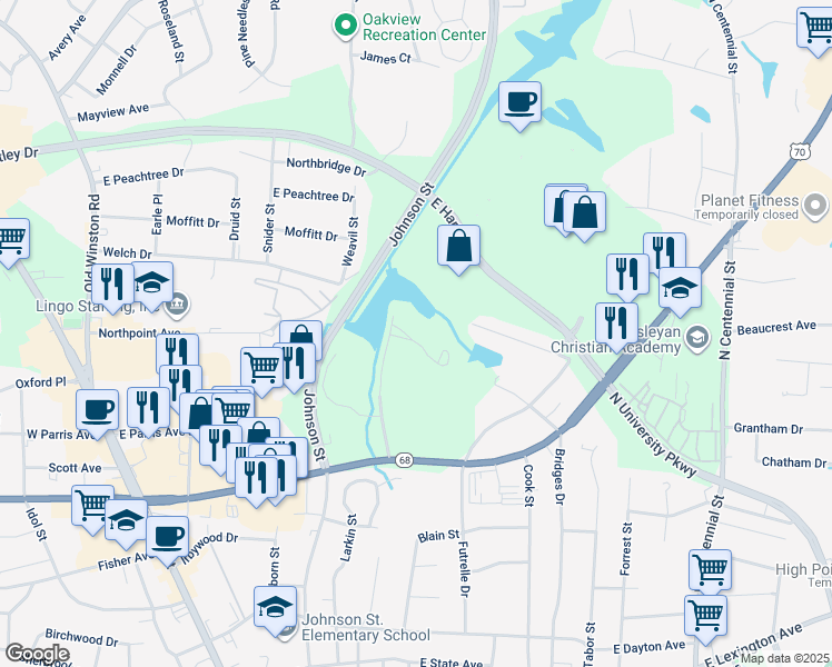 map of restaurants, bars, coffee shops, grocery stores, and more near 411 Chester Woods Court in High Point