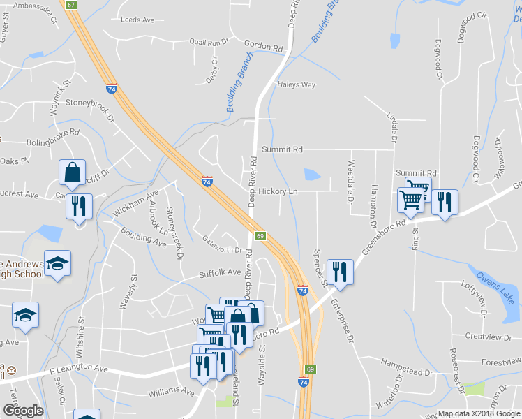 map of restaurants, bars, coffee shops, grocery stores, and more near 1436 Deep River Road in High Point
