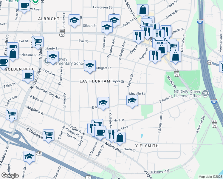 map of restaurants, bars, coffee shops, grocery stores, and more near 304 North Guthrie Avenue in Durham