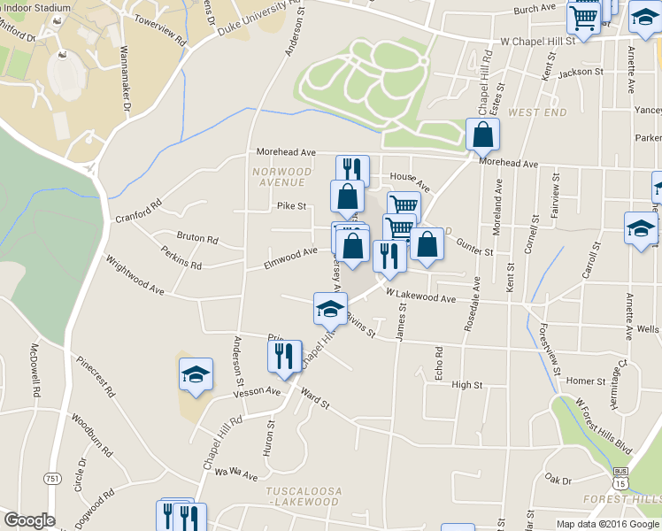 map of restaurants, bars, coffee shops, grocery stores, and more near 2006 Jersey Avenue in Durham