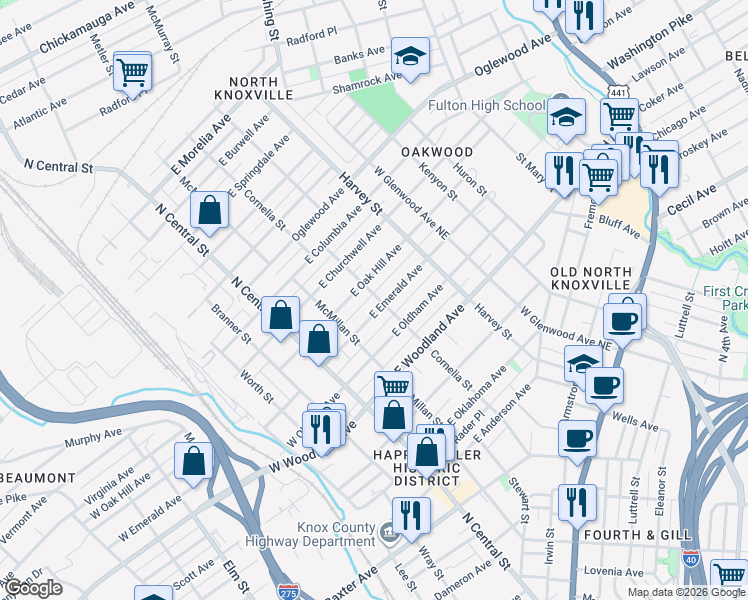 map of restaurants, bars, coffee shops, grocery stores, and more near 236 East Oak Hill Avenue in Knoxville