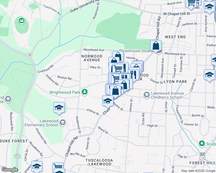 map of restaurants, bars, coffee shops, grocery stores, and more near 2006 Jersey Avenue in Durham