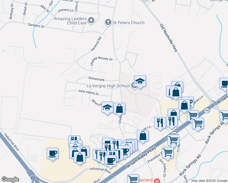 map of restaurants, bars, coffee shops, grocery stores, and more near 107 Wolverine Trail in La Vergne