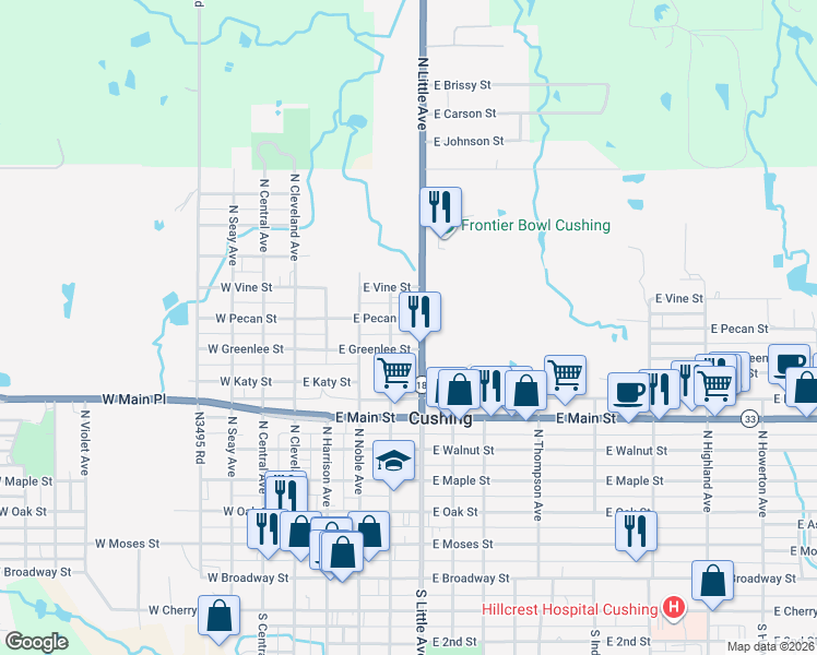 map of restaurants, bars, coffee shops, grocery stores, and more near 800 Little Avenue in Cushing